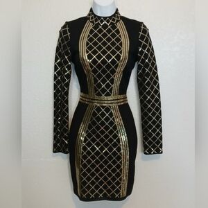 Venus Black & Bling Gold Long Sleeve Bodycon Stretchy Sexy Mini Dress Size 4